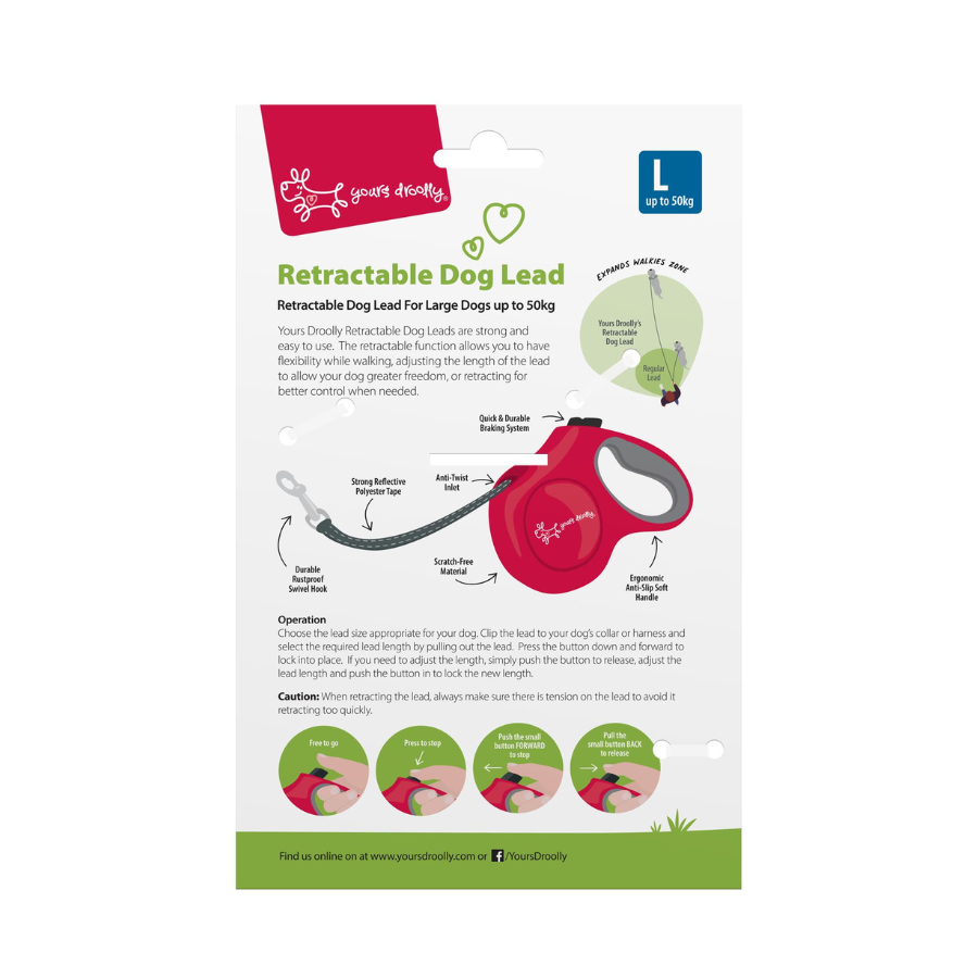 Yours Droolly Retractable Lead - Red - (Large)