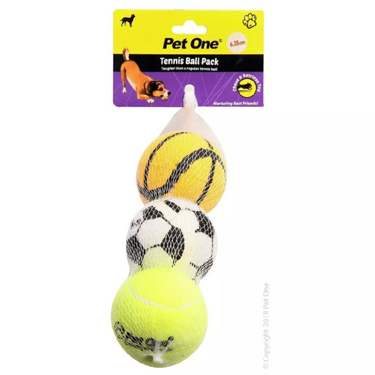 Pet One Dog Toy Tennis Ball 3pack With Print 6.35cm Diameter A Grade