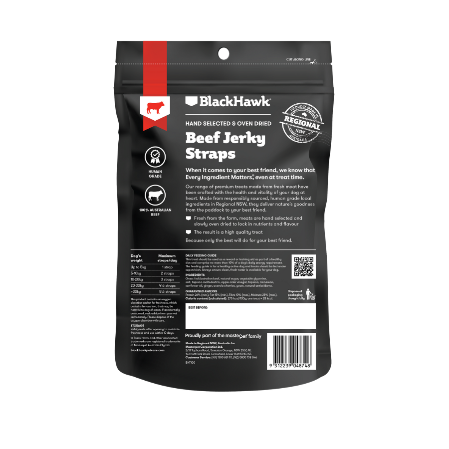 Black Hawk Dog Treats Beef Jerky Straps 100g